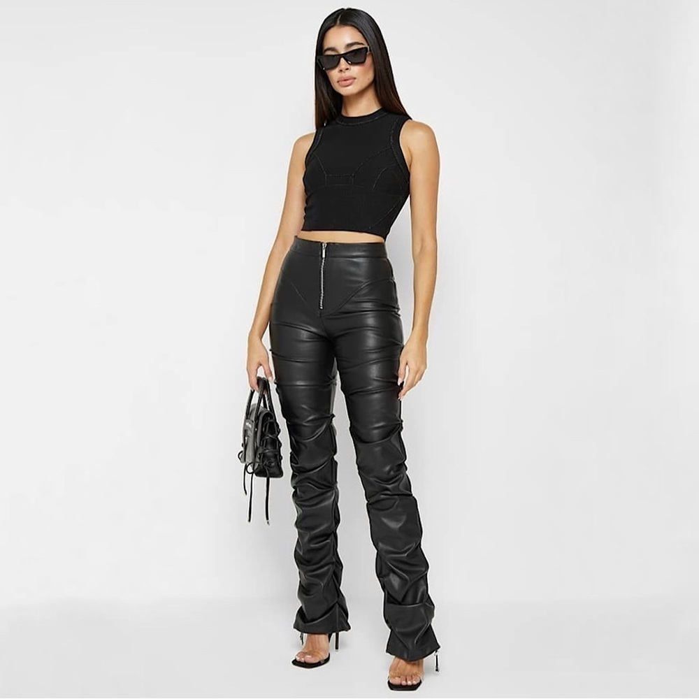 Maniere De Voir Tacked Vegan Leather Flared Trousers High Waist Pant Black 0